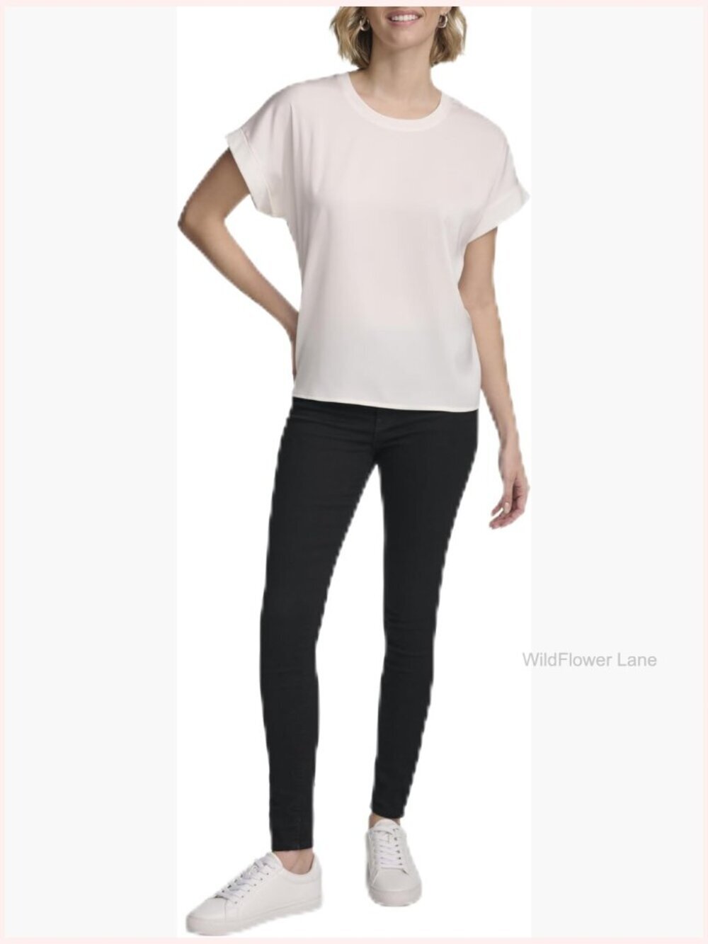 Short Sleeve Blouson Top with Seam Detail